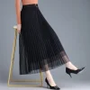 Long Black Mesh Pleated Skirt - Image 2