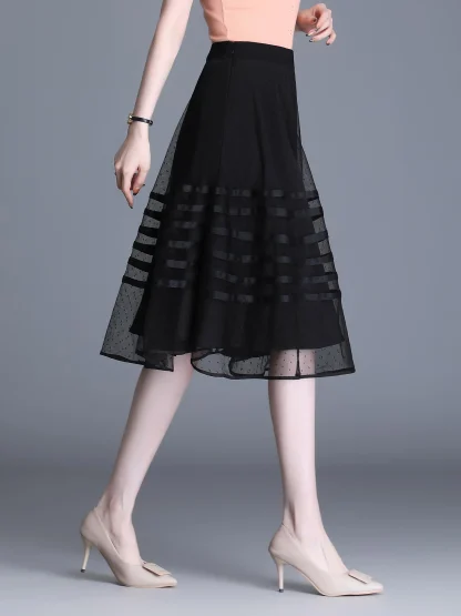 Striped Mesh Elastic Pleated Skirt - Image 3