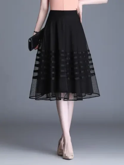 Striped Mesh Elastic Pleated Skirt
